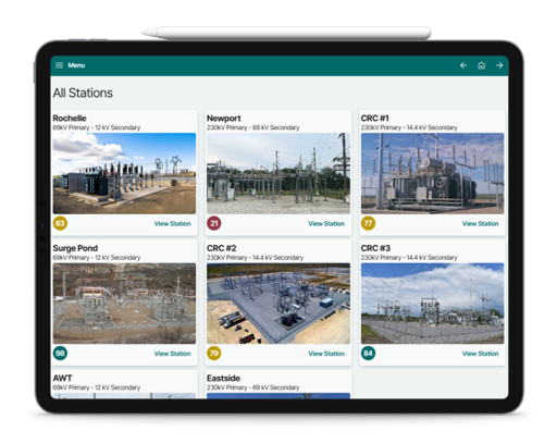 A dashboard displaying maintenance tracking data for a series of power stations.